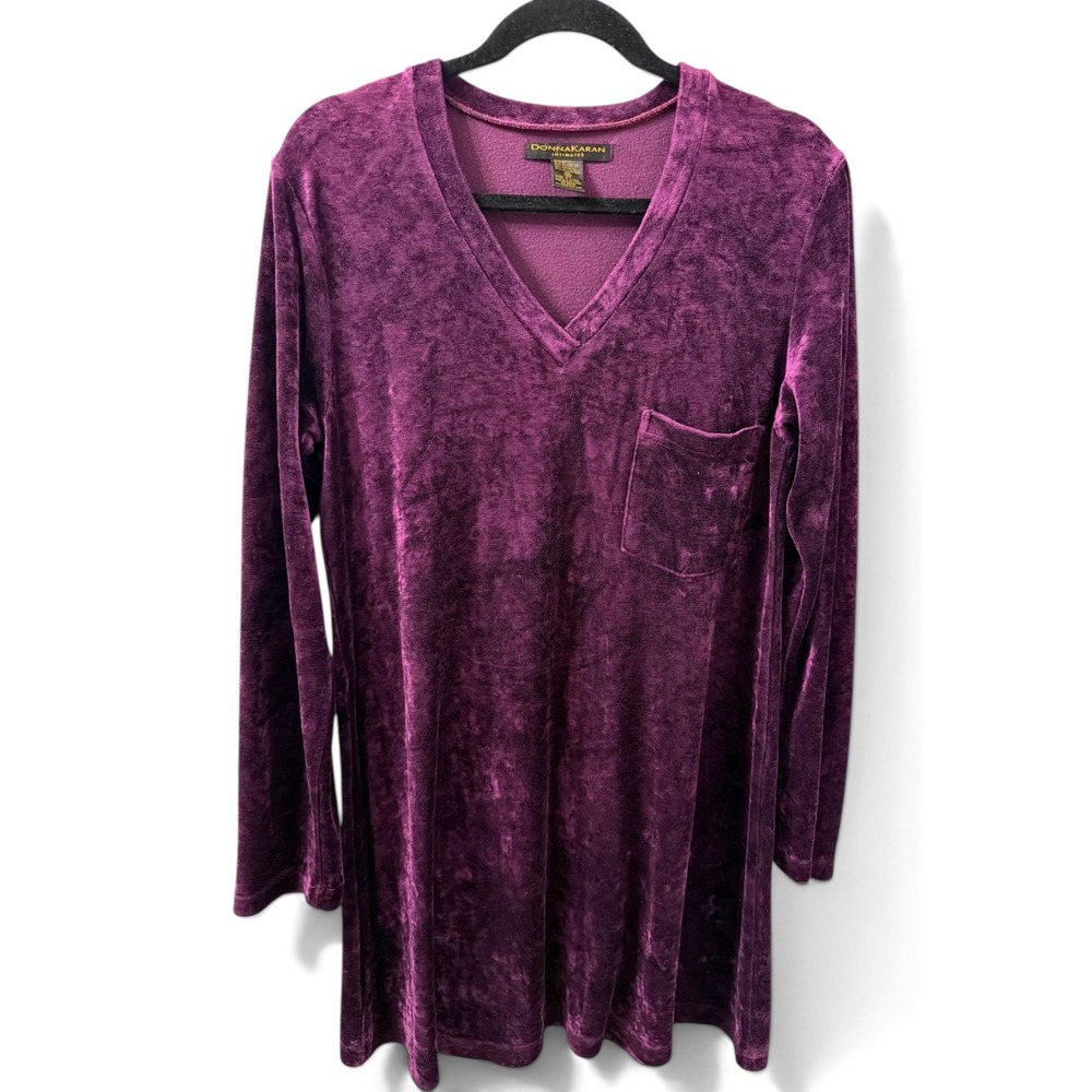 Vintage Donna Karan Intimates Purple Velour V-Neck Long Sleeve Sleep Shirt M